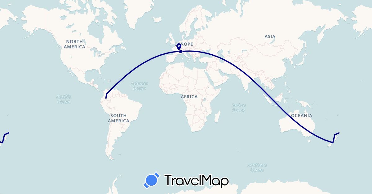 TravelMap itinerary: driving in Argentina, Bolivia, Chile, Colombia, France, New Zealand, Peru, French Polynesia, Paraguay (Europe, Oceania, South America)